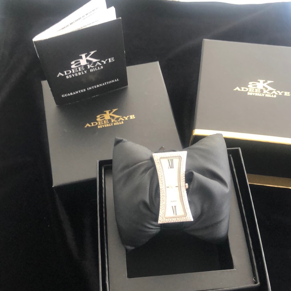 New Watch Adee Kaye quartz mother of pearl black leather band original box